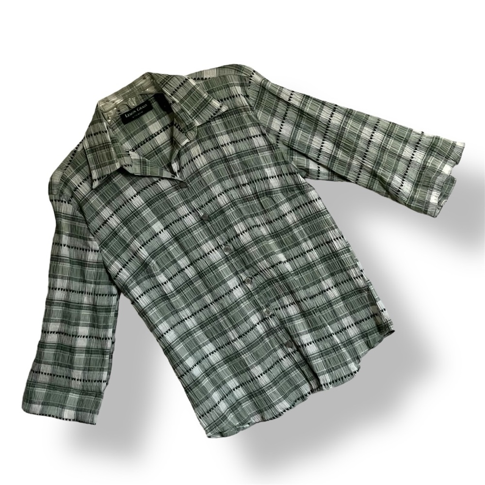 Plaid Crepe Cotton & Spandex Button Down 3/4 Sleeve Top in Mint Gray & White NWT